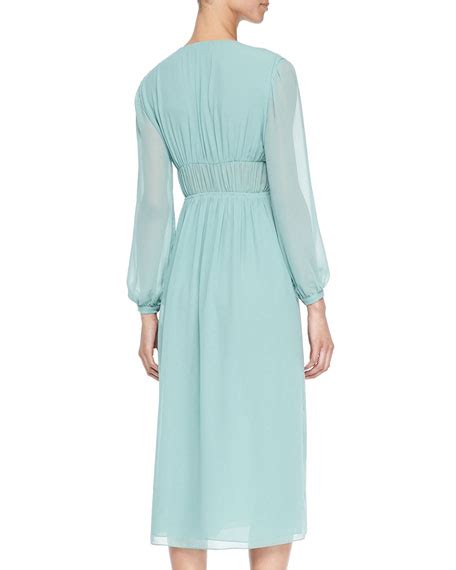 Burberry Prorsum Smocked Silk Dress, Pale Teal Blue 